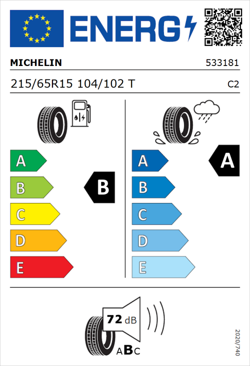 Tyre Label for Michelin Agilis 3 215/65R15 104/102T