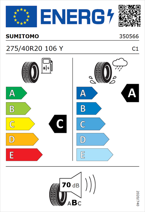 Tyre Label for Sumitomo HTR Z5 275/40R20 106Y