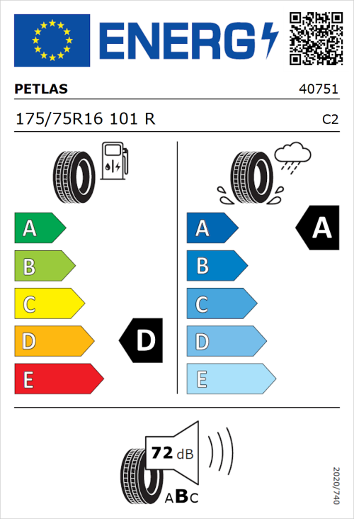 Tyre Label for Petlas Full Power PT825 175/75R16 101R