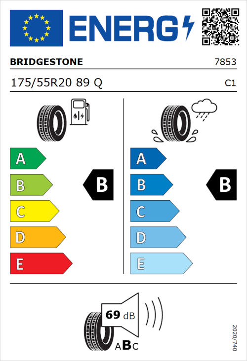 Tyre Label for Bridgestone Ecopia EP500 175/55R20 89Q